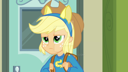 Size: 1024x576 | Tagged: safe, screencap, applejack, equestria girls, backpack, canterlot high, pony ears, watermark