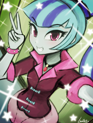 Size: 1440x1920 | Tagged: safe, artist:lumineko, sonata dusk, equestria girls, rainbow rocks, clothes, cute, female, grin, looking at you, necklace, peace sign, pixiv, selfie, skirt, smiling, solo, sonatabetes