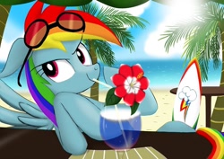 Size: 1024x724 | Tagged: safe, artist:neoshrek, derpibooru import, rainbow dash, pegasus, pony, beach, cloud, drink, drinking, drinking straw, female, flower, mare, sky, solo, sunglasses, surfboard, tree