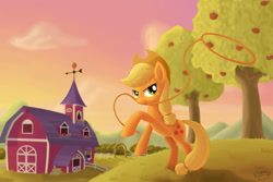 Size: 1024x683 | Tagged: safe, artist:emeraldgalaxy, applejack, earth pony, pony, lasso, mouth hold, rearing, solo, sweet apple acres