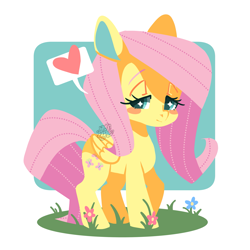 Size: 2449x2449 | Tagged: safe, artist:snow angel, fluttershy, pegasus, pony, blushing, flower, heart, solo, walking