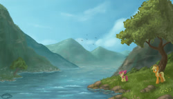 Size: 2000x1150 | Tagged: safe, artist:emeraldgalaxy, apple bloom, applejack, earth pony, pony, river, scenery, tree