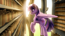 Size: 2880x1620 | Tagged: dead source, safe, artist:gem-magic, derpibooru import, twilight sparkle, twilight sparkle (alicorn), alicorn, pony, backlighting, book, castle of the royal pony sisters, female, library, mare