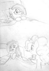 Size: 2013x2896 | Tagged: safe, artist:lalieri, marble pie, pinkie pie, earth pony, pony, collaboration, bed, bedroom, bedsheets, blushing, blushing profusely, caring for the sick, comic, cute, disgusted, female, marblebetes, medicine, monochrome, open mouth, pie sisters, pie twins, siblings, sick, sisterly love, sisters, sketch, sniffling, spoon, thermometer, tongue out, traditional art, twins