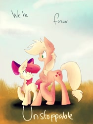 Size: 768x1024 | Tagged: safe, artist:lumepone, apple bloom, applejack, earth pony, pony, chest fluff, ear fluff, hatless, missing accessory, raised hoof, sisters