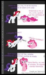 Size: 698x1145 | Tagged: safe, artist:tabrony23, pinkie pie, rarity, earth pony, pony, unicorn, comic:ponys en photoshop, breaking the fourth wall, comic, dialogue, photoshop, spanish