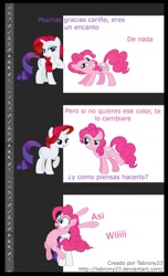 Size: 698x1145 | Tagged: safe, artist:tabrony23, pinkie pie, rarity, earth pony, pony, unicorn, comic:ponys en photoshop, breaking the fourth wall, comic, dialogue, photoshop, spanish