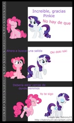 Size: 698x1145 | Tagged: safe, artist:tabrony23, pinkie pie, rarity, earth pony, pony, unicorn, comic:ponys en photoshop, breaking the fourth wall, comic, dialogue, photoshop, spanish