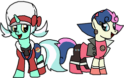 Size: 769x488 | Tagged: dead source, safe, artist:plantpony, bon bon, lyra heartstrings, sweetie drops, bonpun, cosplay, crossover, kotone, lyra (pokemon), megaman, megaman legends, namesake, pokémon, pun, tron bonne