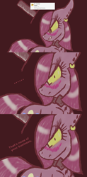 Size: 1165x2365 | Tagged: safe, artist:monochromepony625, pinkie pie, earth pony, pony, bill cipher, blushing, comic, hat, piercing, pinkamena diane pie