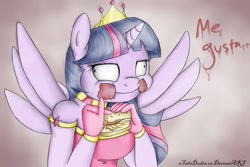 Size: 900x600 | Tagged: safe, artist:aquaticsun, derpibooru import, twilight sparkle, twilight sparkle (alicorn), alicorn, anthro, crown, etiquette, hay burger, me gusta, messy eating, twilight burgkle, twilight slobble