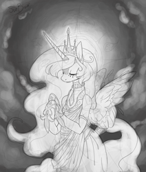 Size: 1689x1989 | Tagged: safe, artist:pixieshark, princess celestia, alicorn, pony, semi-anthro, clothes, dress, female, grayscale, monochrome, sketch, solo