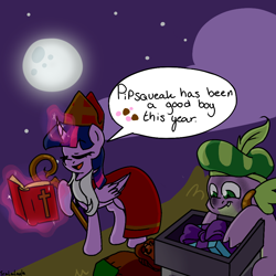 Size: 900x900 | Tagged: safe, artist:tralalayla, derpibooru import, spike, twilight sparkle, twilight sparkle (alicorn), alicorn, dragon, pony, book, christmas, comic, dialogue, female, levitation, magic, mare, moon, present, sinterklaas, speech bubble, telekinesis, zwarte piet