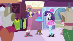 Size: 1920x1080 | Tagged: safe, screencap, prim hemline, rarity, better together, display of affection, equestria girls, boutique, clothes, dress, ear piercing, earring, female, high heels, jewelry, mannequin, piercing, shoes, stairs, tv rating, tv-y