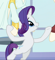 Size: 716x785 | Tagged: safe, screencap, rarity, pony, unicorn, rarity investigates, bipedal, clothes, cropped, dress, female, looking up, mannequin, mare, raised hoof, solo