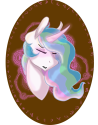 Size: 945x1206 | Tagged: safe, artist:smolgrumpyscotswoman, part of a set, princess celestia, alicorn, pony, bust, curved horn, ethereal mane, eyes closed, female, glowing horn, magic, mare, runes, sidemouth, simple background, solo, white background