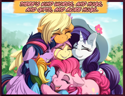 Size: 312x240 | Tagged: safe, artist:alcor, derpibooru import, edit, applejack, fluttershy, pinkie pie, rainbow dash, rarity, twilight sparkle, twilight sparkle (alicorn), alicorn, earth pony, pegasus, pony, unicorn, cropped, cute, ear fluff, group hug, hat, hug, mane six, missing accessory, picture for breezies, sun hat