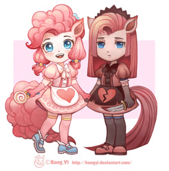 Size: 900x913 | Tagged: safe, artist:kongyi, pinkie pie, anthro, ambiguous facial structure, candy, chibi, clothes, dress, duality, food, knife, lolita fashion, lollipop, pinkamena diane pie