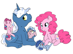 Size: 3500x2609 | Tagged: safe, artist:marukouhai, pinkie pie, pokey pierce, oc, oc:dizzy head, oc:lucky treat, oc:okey, earth pony, pony, :c, bellyrubs, colt, female, filly, foal, high res, male, offspring, parent:pinkie pie, parent:pokey pierce, parents:pokeypie, pokeypie, prone, shipping, simple background, straight, tickling, tongue out, white background