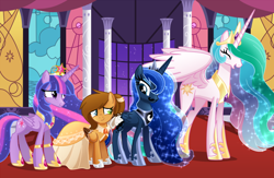 Size: 1500x978 | Tagged: safe, artist:sugaryicecreammlp, princess celestia, princess luna, twilight sparkle, twilight sparkle (alicorn), oc, oc:sugary icecream, alicorn, pegasus, pony, big crown thingy, clothes, dress, facial hair, female, gala dress, jewelry, mare, moustache, regalia, scrunchy face