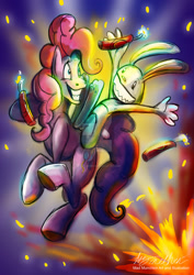 Size: 1024x1447 | Tagged: safe, artist:mad--munchkin, pinkie pie, earth pony, pony, armpits, crossover, dynamite, explosion, explosives, max, sam and max, watermark