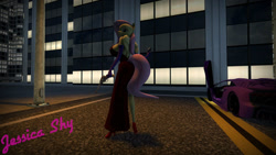 Size: 1024x576 | Tagged: safe, artist:jojobibou, fluttershy, anthro, plantigrade anthro, 3d, big breasts, breasts, car, clothes, cosplay, costume, dress, dual wield, female, gun, handgun, hootershy, jessica rabbit, nagant revolver, revolver