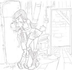 Size: 959x932 | Tagged: safe, artist:tokatl, derpibooru import, twilight sparkle, equestria girls, rainbow rocks, age difference, basement, bedroom eyes, clothes, crossover shipping, diplight, dipper pines, female, gravity falls, kissing, leg warmers, male, miniskirt, monochrome, nervous, pleated skirt, shipping, shoes, shorts, sketch, skirt, straight, straight shota