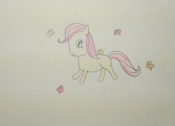 Size: 944x682 | Tagged: safe, artist:sumi-mlp25, fluttershy, butterfly, pegasus, pony, filly, filly fluttershy, flying, happy, solo, traditional art