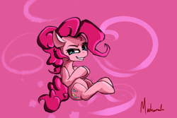 Size: 1800x1200 | Tagged: safe, artist:miokomata, pinkie pie, earth pony, pony, grin, looking at you, signature, simple background, sitting, smiling, solo