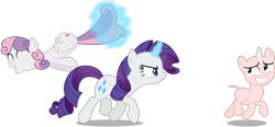 Size: 1735x804 | Tagged: safe, artist:chrzanek97, artist:deadparrot22, artist:reginault, edit, edited edit, editor:slayerbvc, rarity, sweetie belle, pony, unicorn, blushing, chase, clothes, costume, cropped, female, filly, furless, furless edit, looking back, magic, mare, nude edit, nudity, pony costume, ponysuit, rarity is not amused, shaved, shaved tail, simple background, sisters, streaking, sweetie bald, sweetie belle suit, transparent background, unamused, vector, vector edit