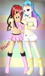 Size: 1024x1707 | Tagged: safe, artist:markiantac, princess celestia, human, belly button, boots, boxing, boxing gloves, braid, breasts, cleavage, clothes, friends, humanized, midriff, miniskirt, pony and oc, shoes, shorts, skirt, sports, trunks