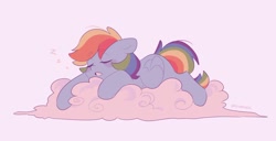 Size: 1748x895 | Tagged: safe, artist:d__samber, derpibooru import, rainbow dash, pegasus, pony, cloud, cute, dashabetes, eyes closed, female, mare, on a cloud, onomatopoeia, prone, simple background, sleeping, solo, sound effects, white background, zzz