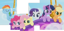 Size: 596x296 | Tagged: safe, derpibooru import, edit, screencap, applejack, fluttershy, pinkie pie, rainbow dash, rarity, twilight sparkle, twilight sparkle (alicorn), alicorn, earth pony, pegasus, pony, unicorn, rainbow roadtrip, cropped, eyes closed, female, hot air balloon, looking down, mane six, mare, picture for breezies, scared, smiling