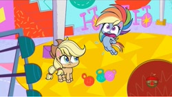 Size: 1513x855 | Tagged: safe, derpibooru import, screencap, applejack, rainbow dash, earth pony, pegasus, pony, cute-pocalypse meow, my little pony: pony life, spoiler:pony life s01e03, gymnasium, pain, treehouse logo, weights