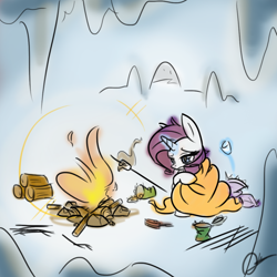 Size: 1024x1024 | Tagged: safe, artist:mrasianhappydude, rarity, pony, unicorn, atg 2014, blanket, bonfire, campfire, canned food, cave, food, freezing, glowing horn, marshmallow, solo, winter
