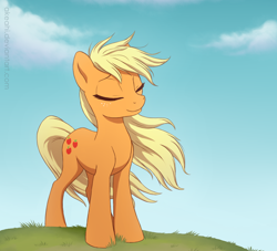 Size: 1000x909 | Tagged: safe, artist:akeahi, applejack, earth pony, pony, eyes closed, female, hatless, loose hair, mare, missing accessory, outdoors, smiling, solo, windswept mane