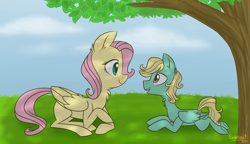 Size: 1024x591 | Tagged: safe, artist:flourret, fluttershy, zephyr breeze, pegasus, pony, blank flank, brother and sister, chest fluff, cloud, colt zephyr breeze, cute, duo, ear fluff, female, folded wings, grass, looking at each other, lying down, male, neck fluff, open mouth, outdoors, profile, prone, shyabetes, siblings, signature, sky, smiling, talking, tree, under the tree, younger, zephyrbetes