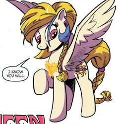 Size: 475x500 | Tagged: safe, artist:andypriceart, idw, golden feather, princess celestia, pegasus, pony, spoiler:comic, spoiler:comic65, braid, braided tail, cropped, disguise, female, mare, official comic, pegasus celestia, race swap, raised hoof, simple background, solo, speech bubble, white background