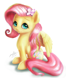 Size: 950x1125 | Tagged: safe, artist:the-park, fluttershy, pegasus, pony, color, cute, female, flower, flower in hair, looking at you, mare, shyabetes, simple background, sitting, solo, white background, wings