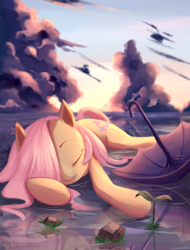 Size: 1519x2000 | Tagged: safe, artist:gianghanz, fluttershy, pegasus, pony, cloud, cute, eyes closed, hair over one eye, lying down, prone, scenery, shyabetes, sky, sleeping, solo, sprout, umbrella, water