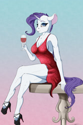 Size: 2000x3000 | Tagged: safe, artist:skitsroom, rarity, anthro, unguligrade anthro, alcohol, backless, breasts, clothes, dress, ear fluff, female, glass, gradient background, high heels, high res, leg fluff, looking at you, mare, shoes, side slit, sitting, solo, wine, wine glass