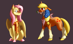 Size: 5479x3337 | Tagged: safe, artist:pasu-chan, applejack, fluttershy, earth pony, pegasus, pony, appleshy, blushing, bouquet, clothes, female, flower, lesbian, scarf, shipping