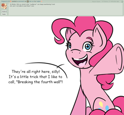 Size: 1024x952 | Tagged: safe, artist:yogfan, pinkie pie, earth pony, pony, ask, deviantart, female, fourth wall, mare, simple background, small eyes, smiling, solo, transparent background