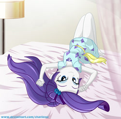 Size: 875x859 | Tagged: safe, artist:charliexe, rarity, better together, equestria girls, spring breakdown, barefoot, beautiful, beautisexy, bed, bedroom eyes, clothes, dress, feet, female, geode of shielding, lamp, legs, lidded eyes, looking at you, magical geodes, on back, on bed, seductive pose, sexy, smiling, solo, upside down