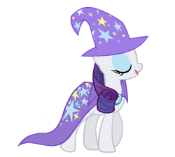 Size: 1600x1440 | Tagged: safe, artist:rarity6195, rarity, pony, unicorn, accessory theft, cape, clothes, eyes closed, female, hat, mare, simple background, smiling, solo, transparent background, trixie's cape, trixie's hat, vector