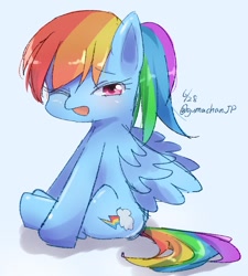 Size: 1080x1200 | Tagged: safe, artist:gumachanjp, derpibooru import, rainbow dash, pegasus, pony, alternate hairstyle, cute, dashabetes, female, mare, one eye closed, open mouth, ponytail, sitting, solo