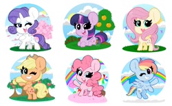 Size: 1745x1080 | Tagged: safe, artist:kittyrosie, derpibooru import, applejack, fluttershy, pinkie pie, rainbow dash, rarity, twilight sparkle, twilight sparkle (alicorn), alicorn, earth pony, pegasus, pony, unicorn, my little pony: pony life, candy, cute, dashabetes, diapinkes, food, jackabetes, mane six, one eye closed, open mouth, rainbow, raribetes, shyabetes, smiling, tree, twiabetes, wink