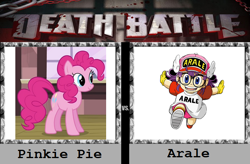 Size: 636x416 | Tagged: safe, pinkie pie, earth pony, pony, arale, death battle, dr. slump, exploitable meme, meme, text