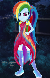 Size: 1080x1694 | Tagged: safe, artist:sorena.armstrong, derpibooru import, rainbow dash, equestria girls, alternate hairstyle, boots, clothes, dress, ear piercing, eyelashes, female, hand on hip, makeup, piercing, rainbow dash always dresses in style, shoes, signature, smiling, solo, tomboy taming
