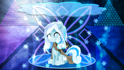 Size: 5120x2880 | Tagged: safe, artist:an-m, artist:laszlvfx, derpibooru import, edit, oc, oc:snowdrop, earth pony, pony, blind, female, high res, older, older snowdrop, sitting, smiling, solo, wallpaper, wallpaper edit